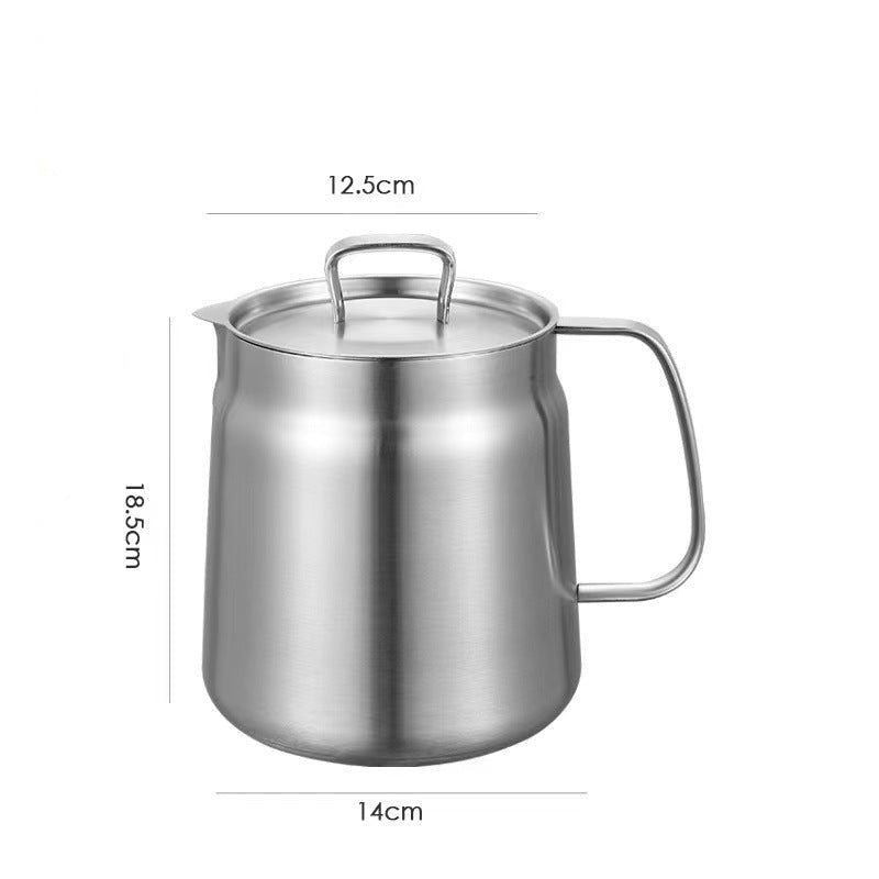 Stainless steel milk jug with dimensions on a white background