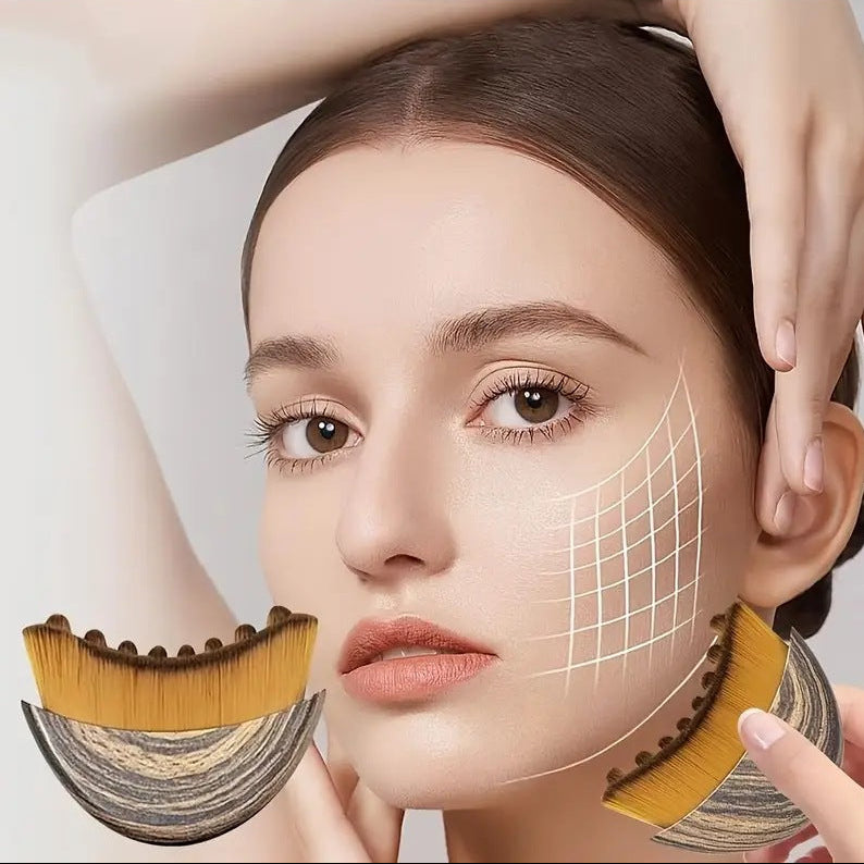 Woman with skincare product applied to her face, with close-up of product on a white background