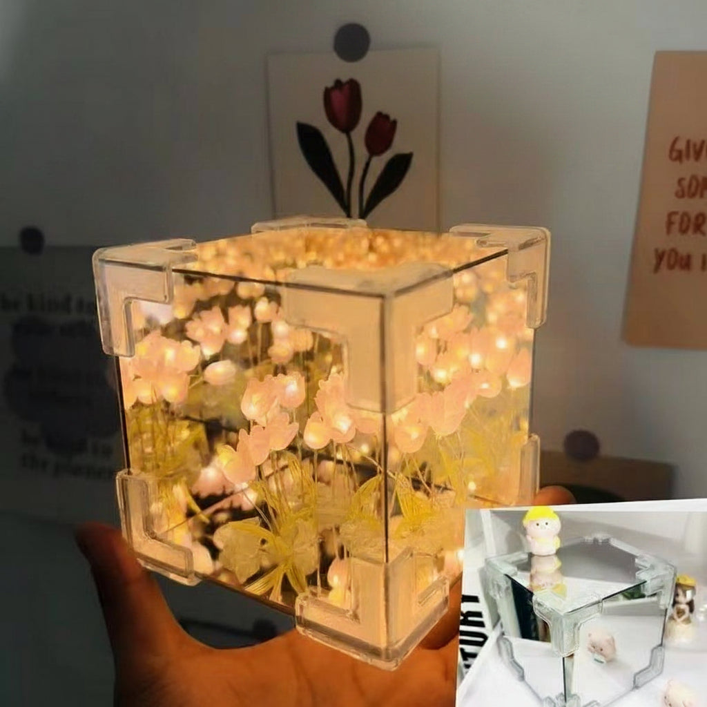 Cube-shaped night light with string lights inside, held by a hand.