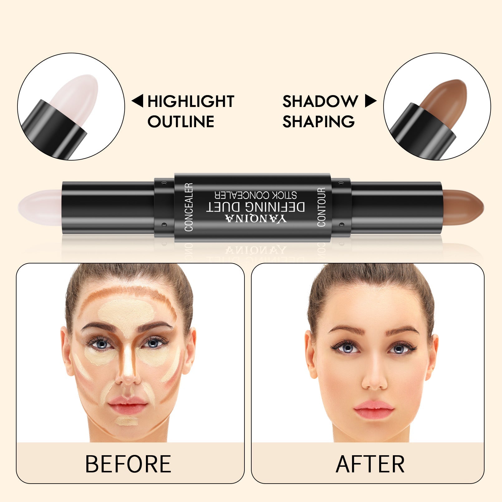 Concealer stick with before and after effects on a beige background