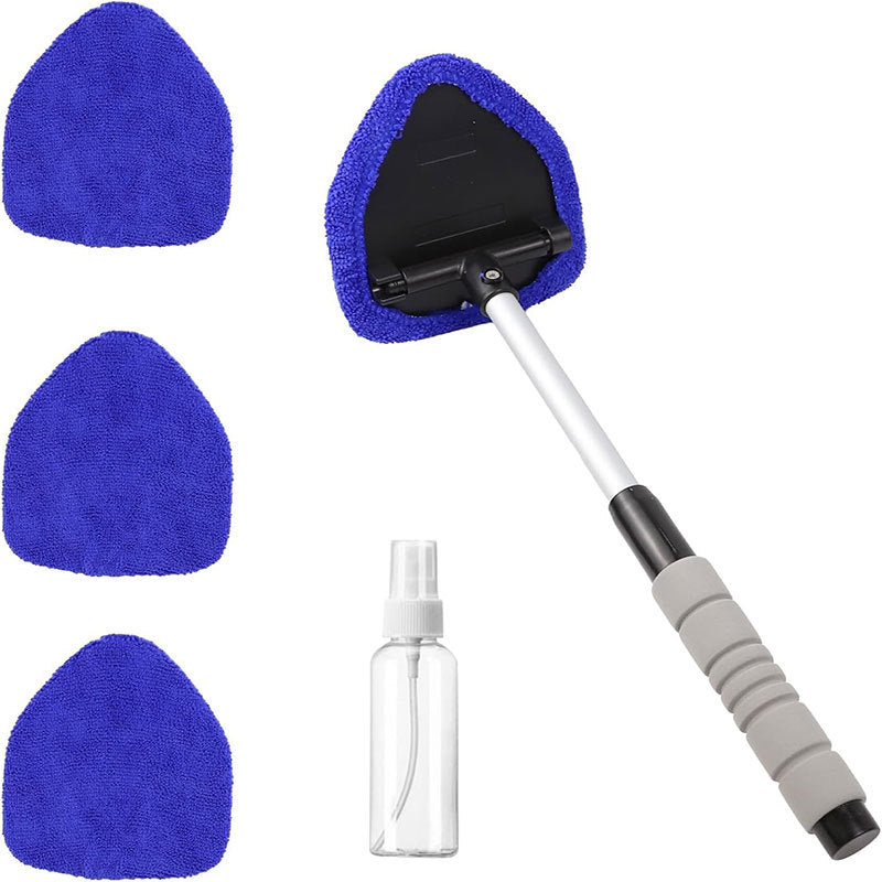 Car window cleaning tool with blue squeegee and cloths, and a spray bottle on a white background