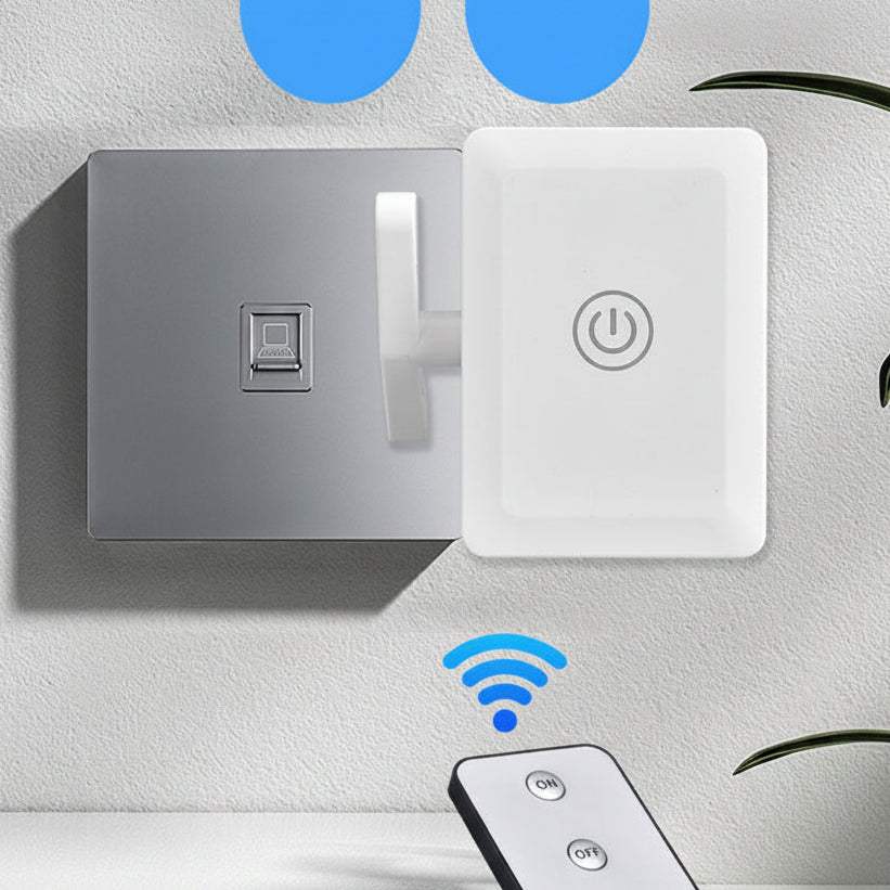 Smart wall switch and remote control on a light gray background