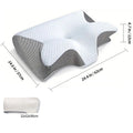 Ergonomic pillow with dimensions and product details on a white background