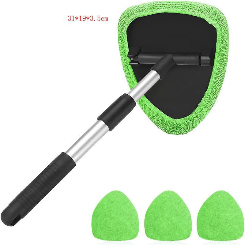 Car window cleaning tool with green reusable sponges on a white background