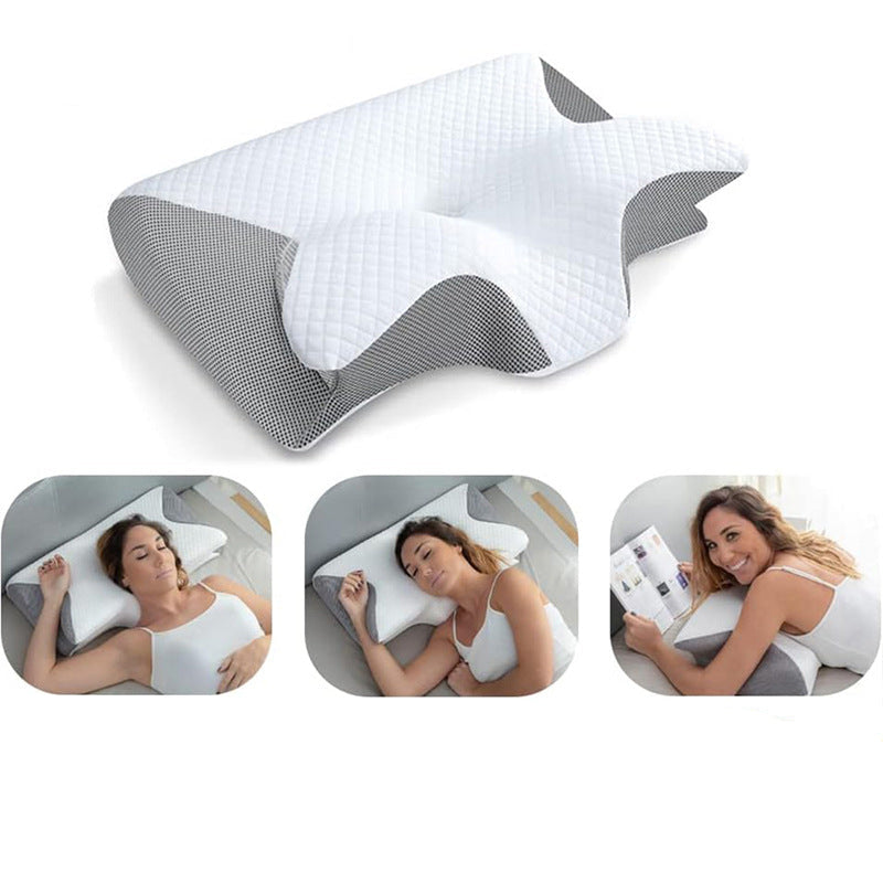 Ergonomic pillow shown with people using it, and promotional text.
