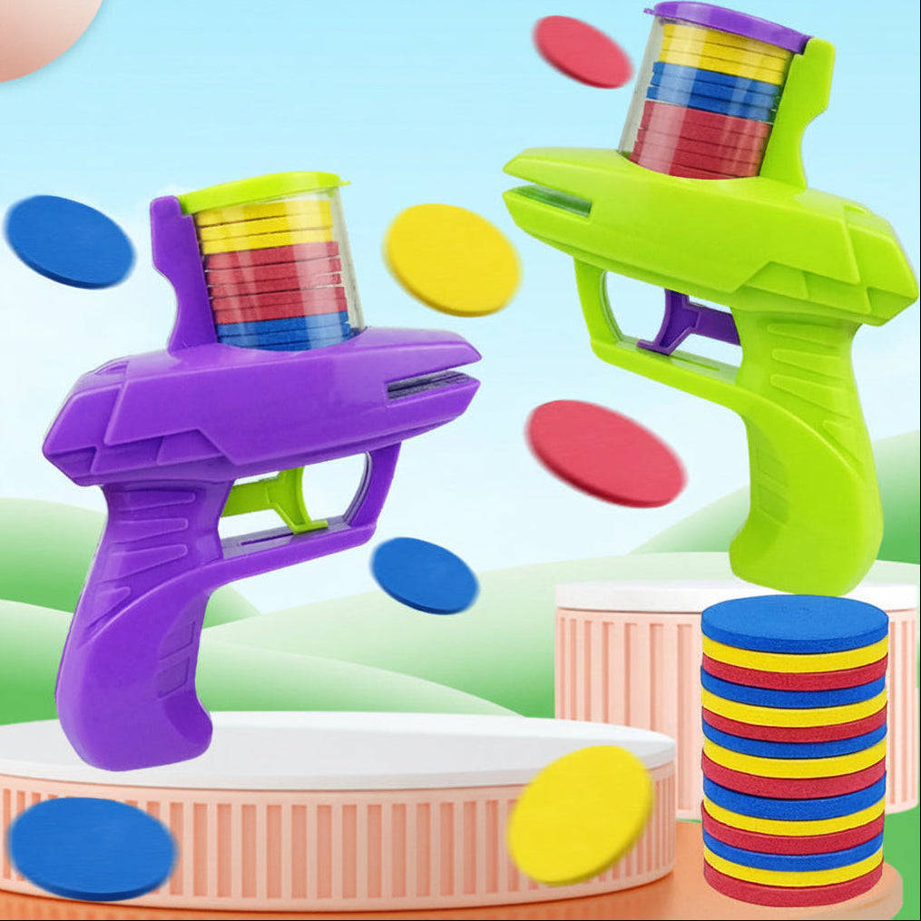 Two colorful toy guns with stacked foam discs on a bright background