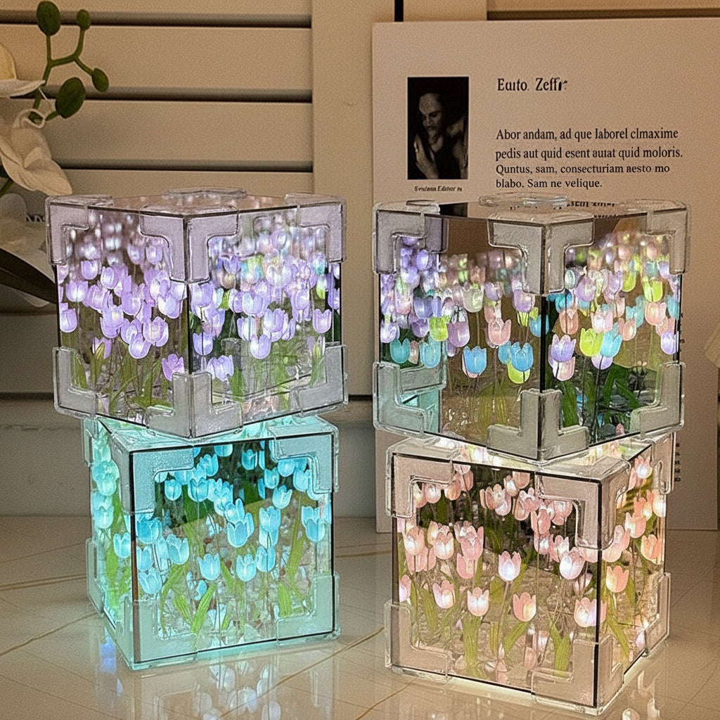 Decorative glass cubes with floral designs and LED lights on a tiled floor.