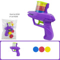 Purple toy gun with colorful discs, packaging, and product dimensions on a white background.