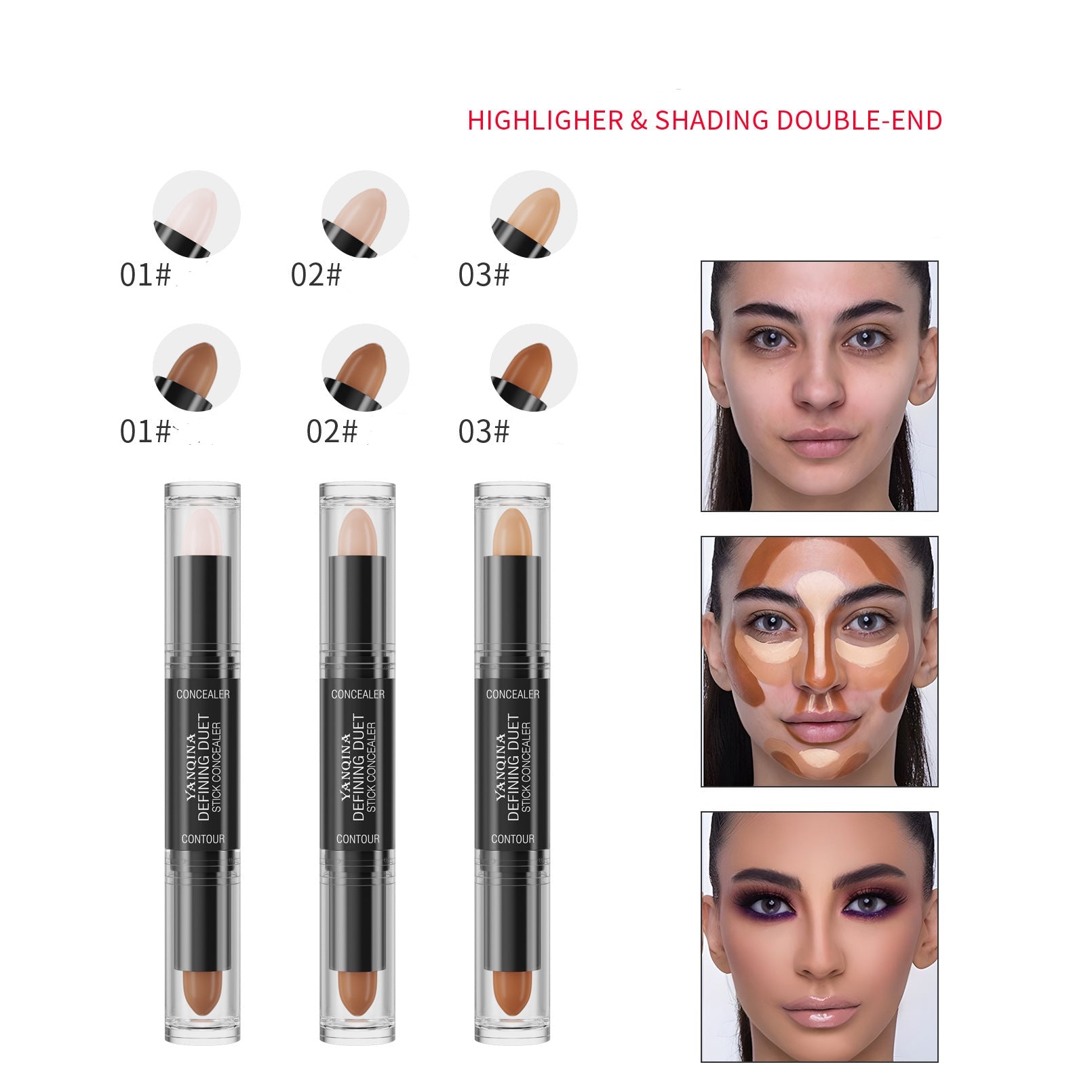 Double-ended highlighter and shading stick with color options and before-and-after effects on faces.