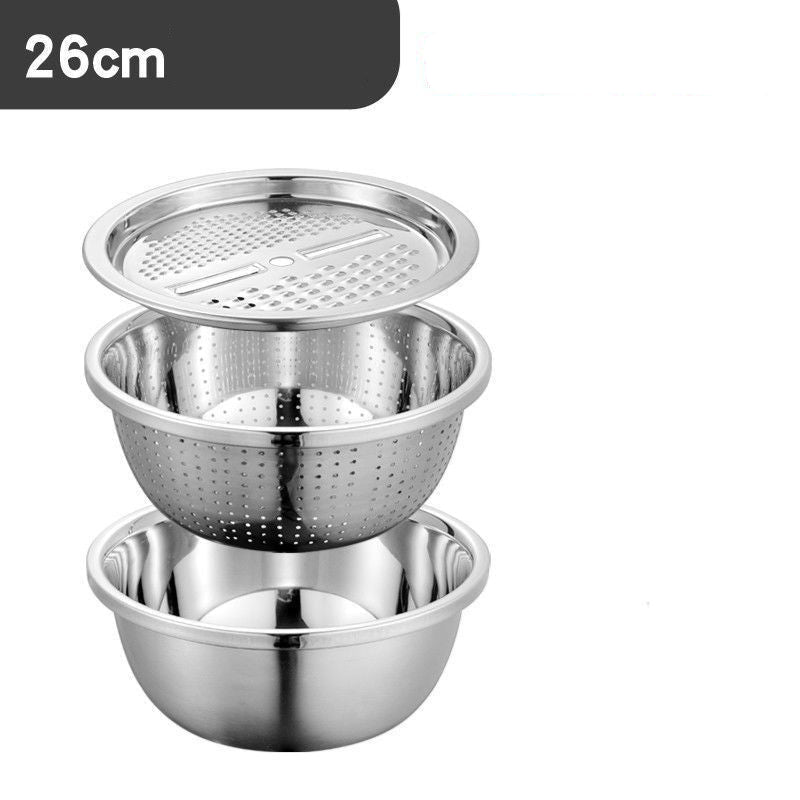 Set of three stainless steel bowls with a perforated lid on a white background