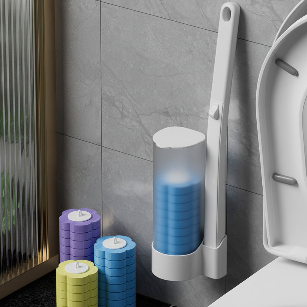 Cleaning brush with cleaning brushes container next to toilet on a gray tiled floor