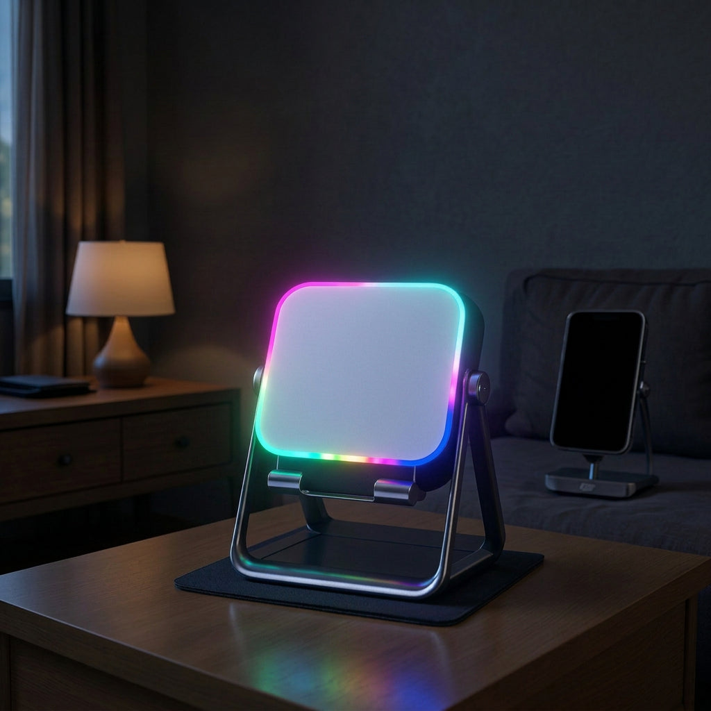 Glowing RGB light on a stand set against a dark room.