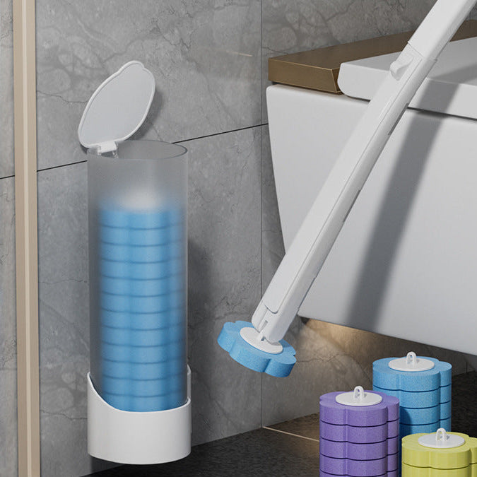 Bathroom cleaning tool with blue cylindrical container and white handle on a tiled bathroom floor.