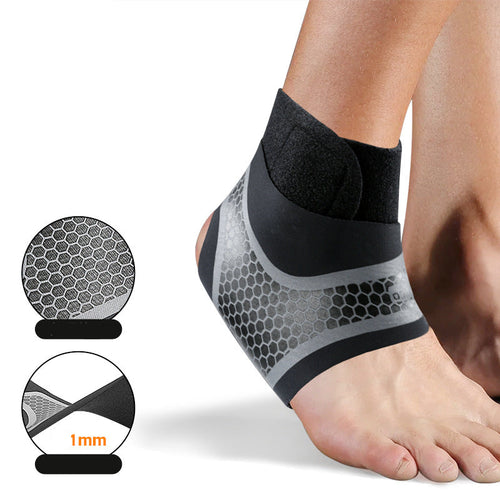 A black and gray ankle support brace shown on a person's ankle, with two circular feature callouts highlighting mesh ventilation and 1 mm compression.