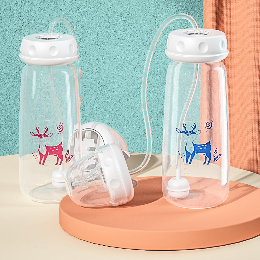 Two baby bottles with caps on a pink stand against a light blue and orange curtain background.