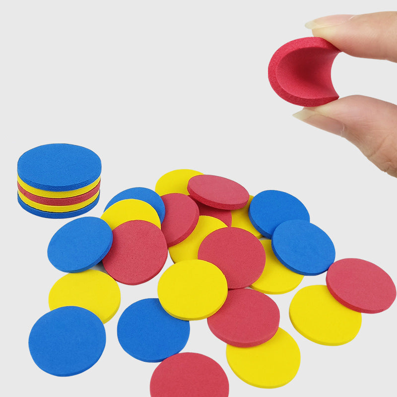 Colorful EVA foam discs with a hand holding one, on a white background.