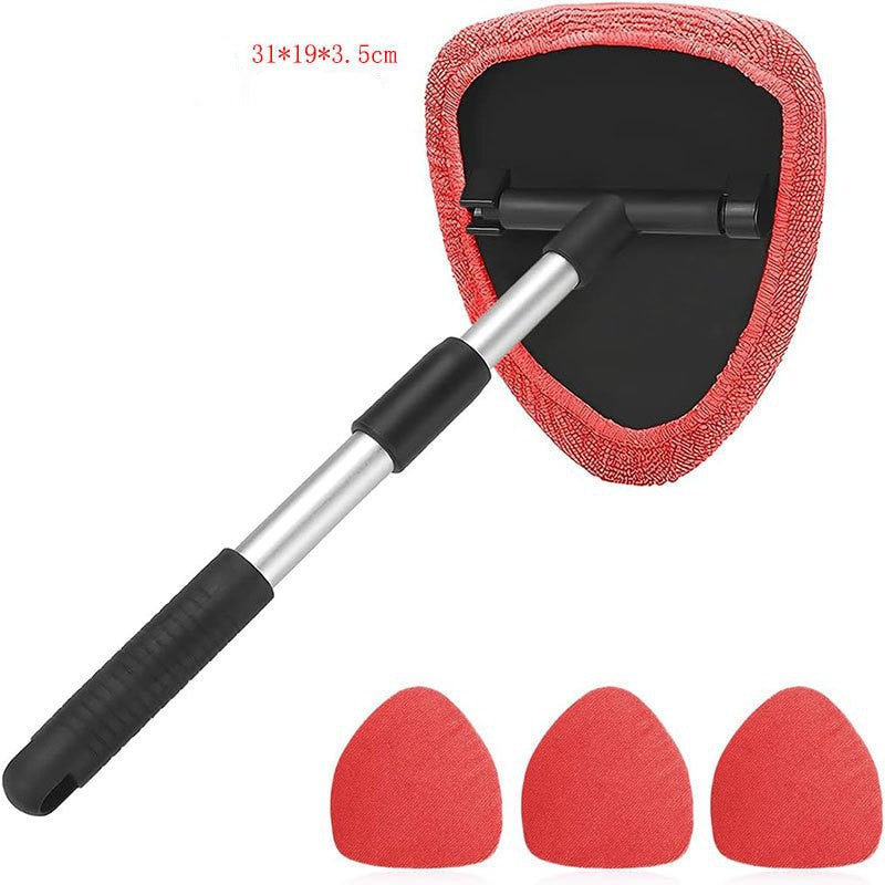 Car window cleaning tool with red cleaning pads on a white background