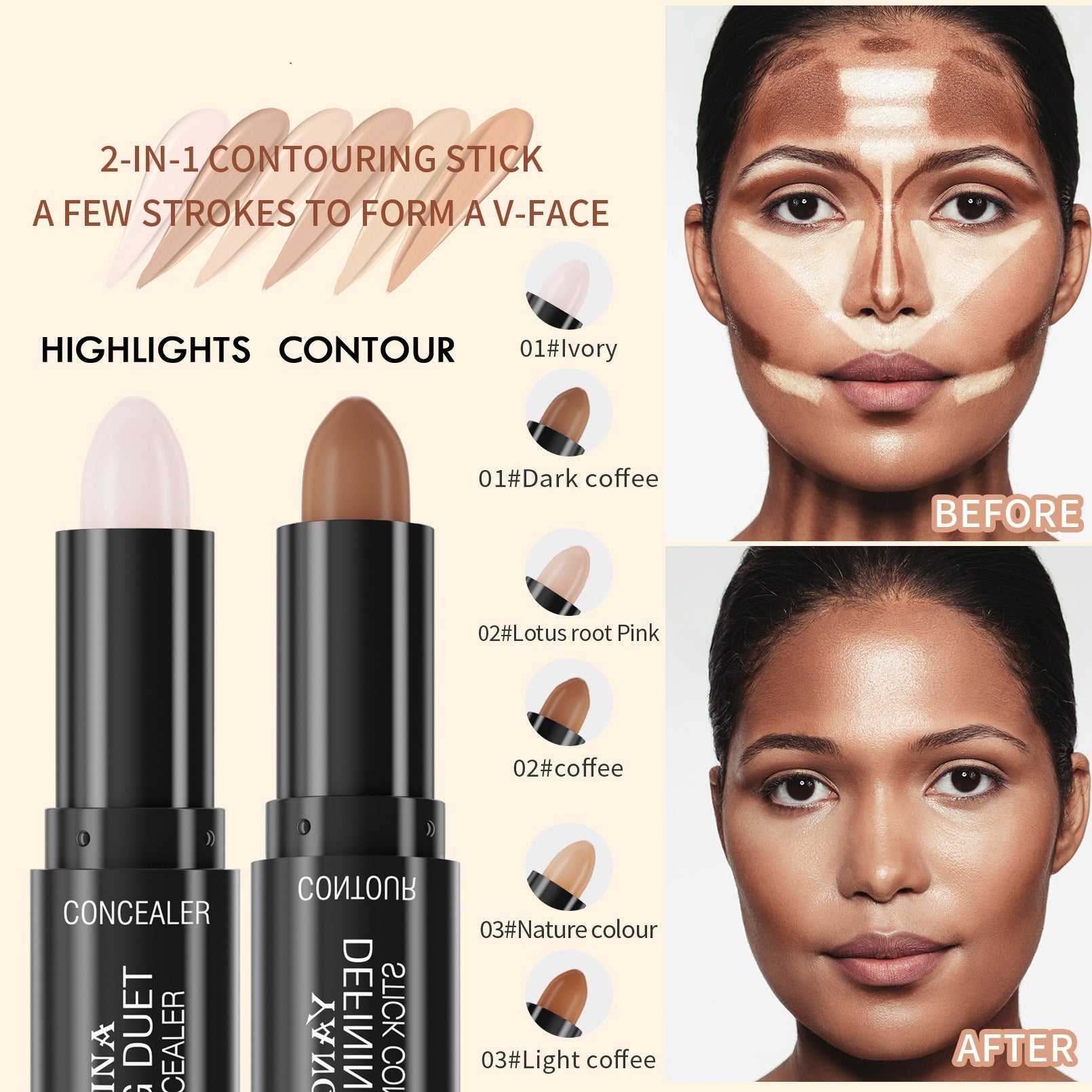 2-in-1 contouring stick with before and after application on a woman's face.