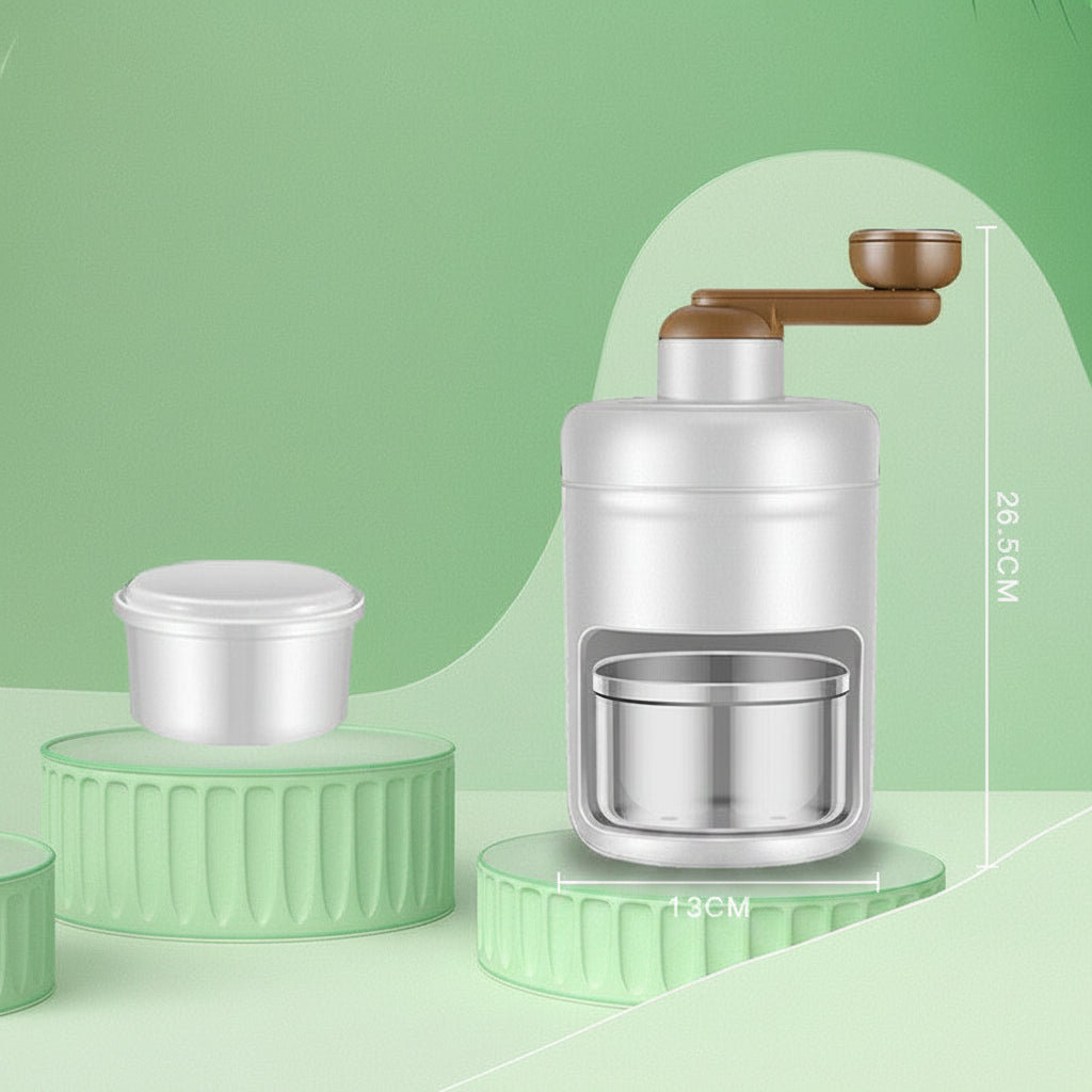 Manual ice cream maker set with a silver hand-crank machine, brown handle, and two green circular molds, shown on a light green background with dimensions.