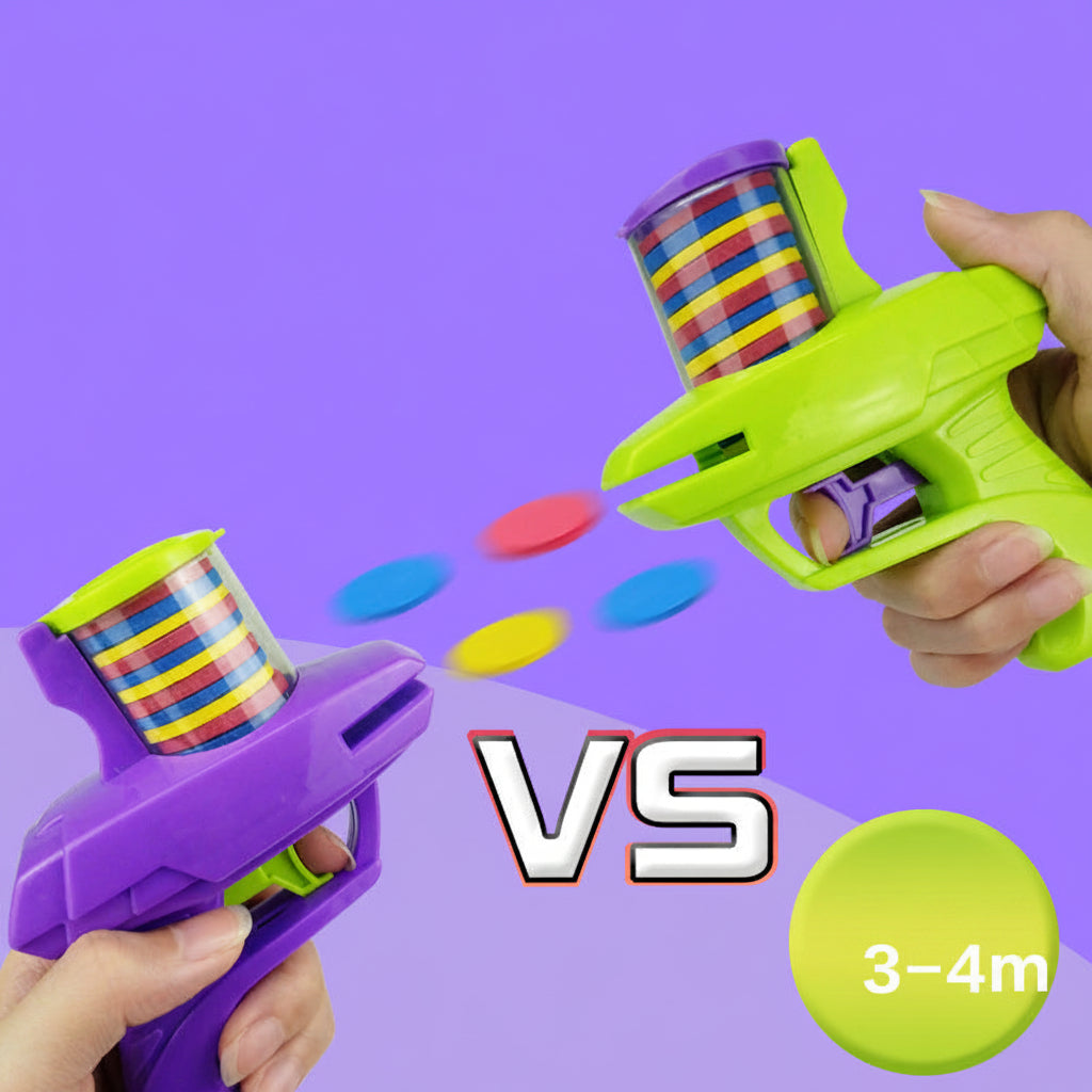Two colorful toy guns being held against a purple background with text.