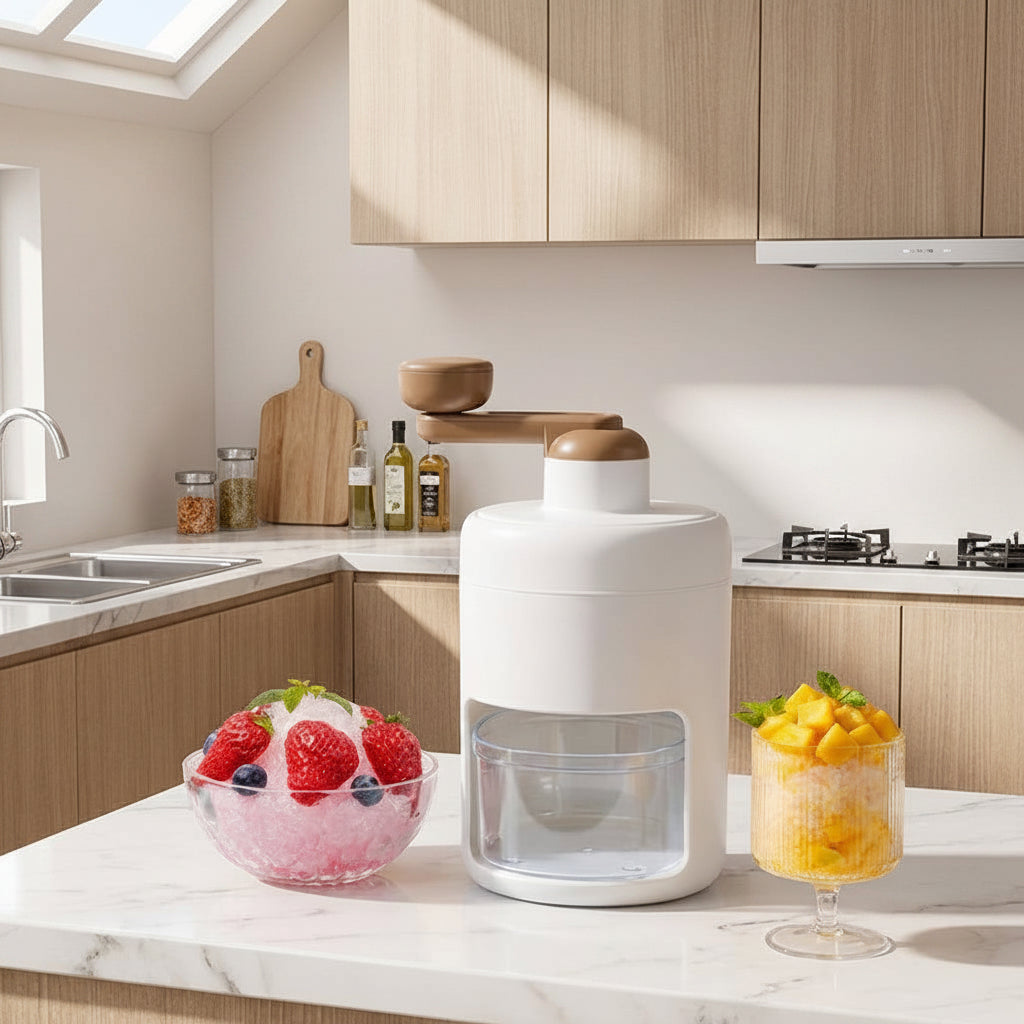 A white hand-bladed ice crusher with wooden accents sits on a marble kitchen counter, flanked by a bowl of strawberry slush and a glass of mango slush. The background shows a modern kitchen with light wood cabinets and stainless steel appliances.