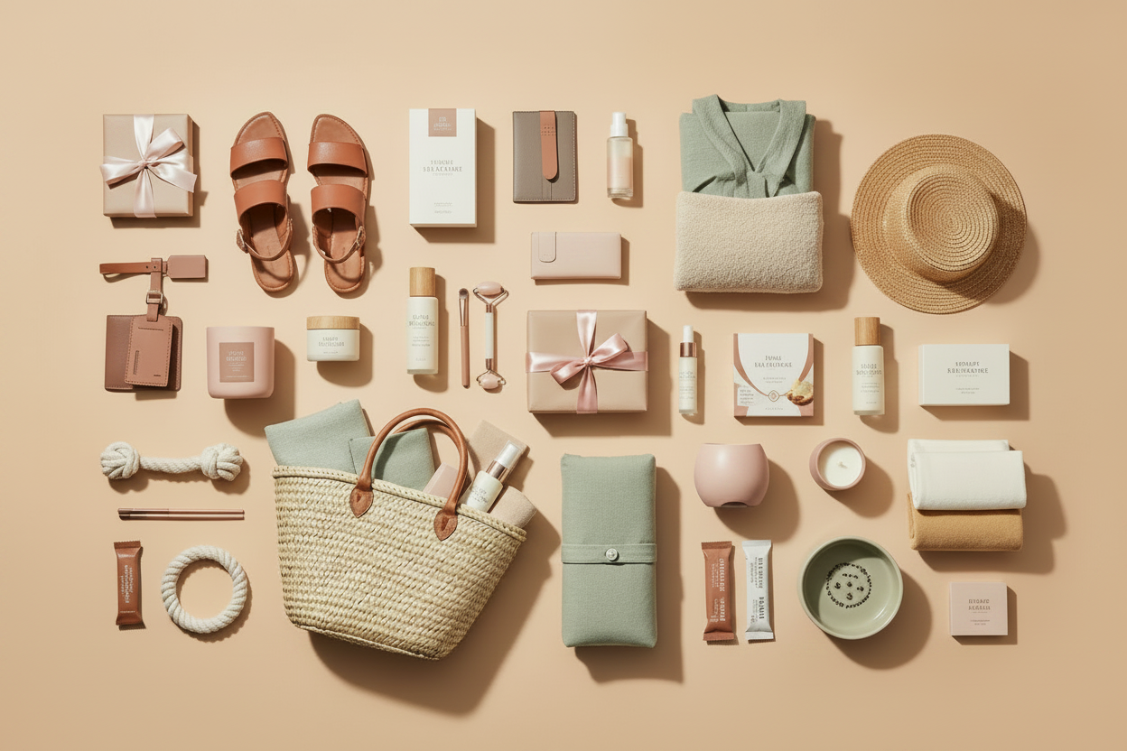 A styled flat-lay arrangement of multiple beige, blush pink, and natural straw products on a warm cream background, including sandals, a hat, a tote bag, boxes, bottles, tubes, and small accessories.