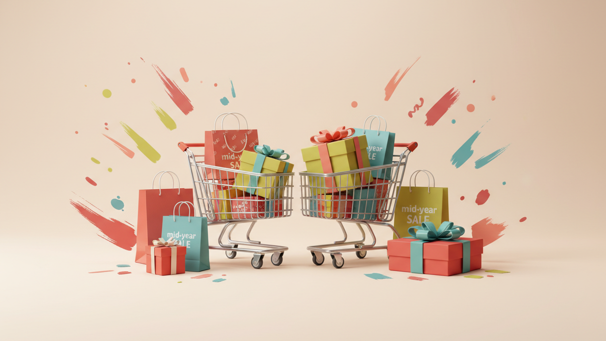 Illustration of shopping carts filled with colorful gift boxes on a beige background
