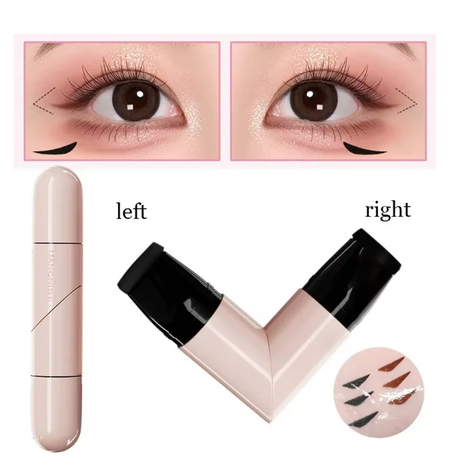 Makeup product with application examples on eyes, showing 'left' and 'right' sides.