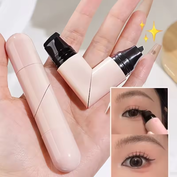 Makeup product held between fingers with close-up of application on eyes
