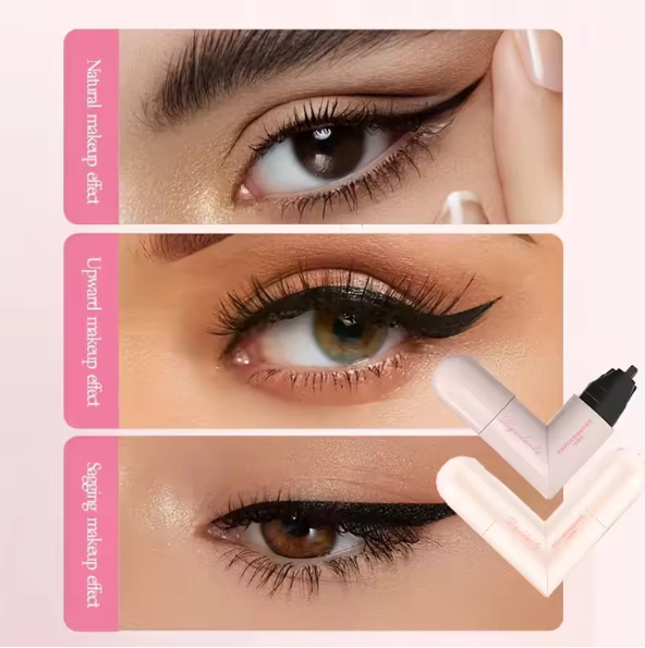 Eyeliner product with close-up shots of eye makeup application on a white background
