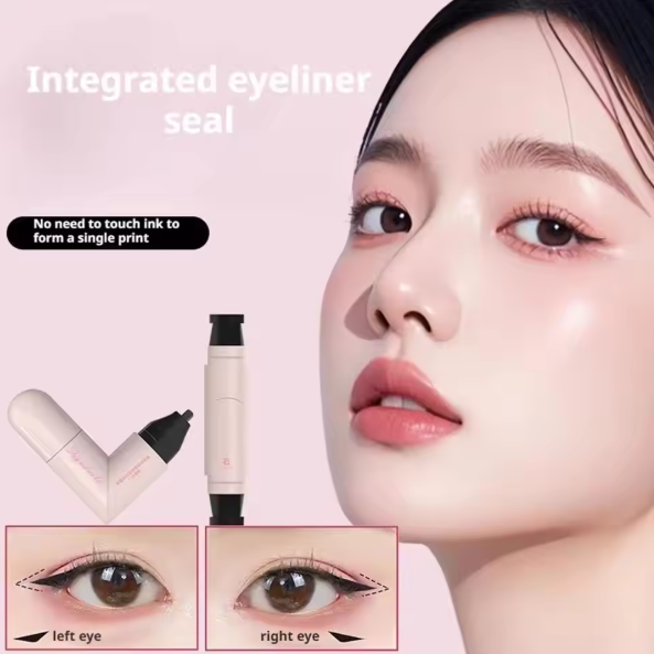 Eyeliner pen with a close-up of a person's eyes and product illustrations on a pink background.
