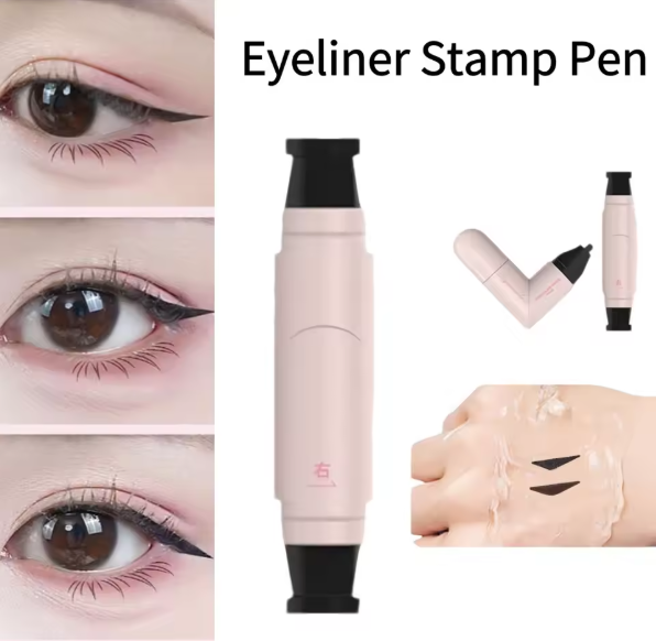 Eyeliner stamp pen with close-up shots of eyes and application on skin.
