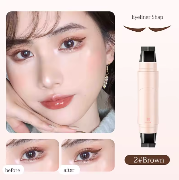 Makeup product with before and after effects on eyes, featuring an eyeliner shaper.